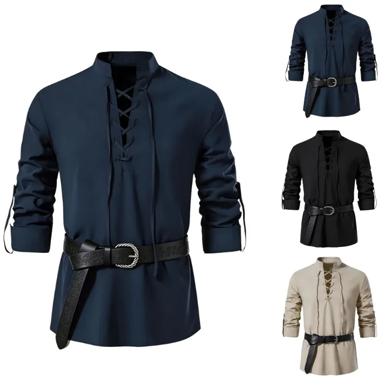 Medieval Gothic Lace Up Pirate Shirt - 남성용 중세 바이킹 스타일 셔츠, 스탠드