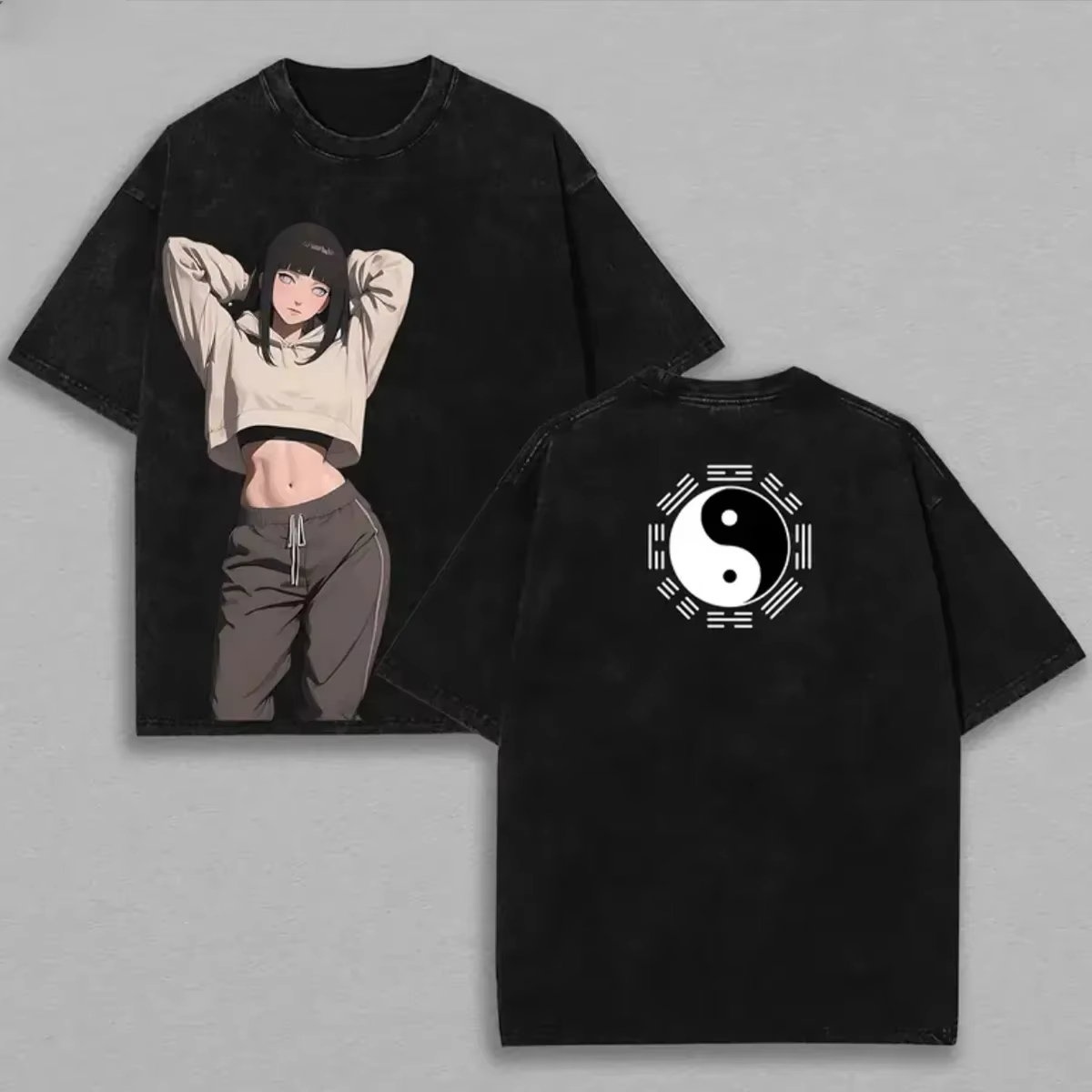 Acid Wash Vintage Graphic T Shirt - 히나타 휴우가 티셔츠 나루토 남성용 애시드