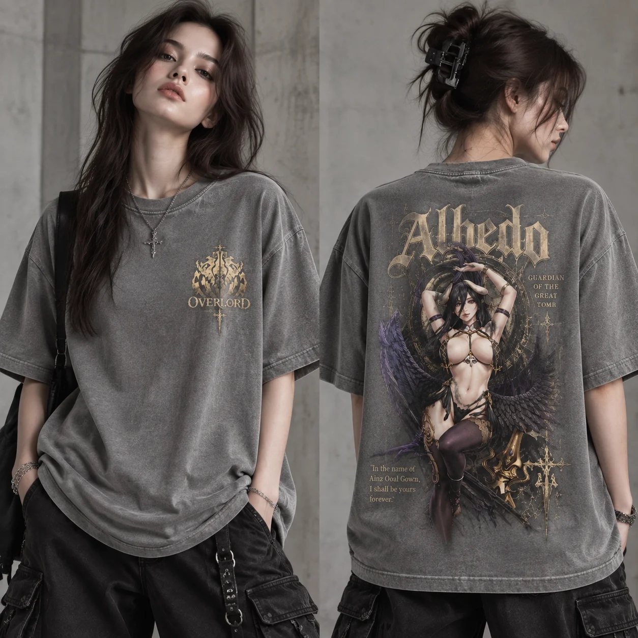 Acid Wash Vintage Graphic T Shirt - 알베도 오버로드 그래픽 티셔츠, 양면 빈티지