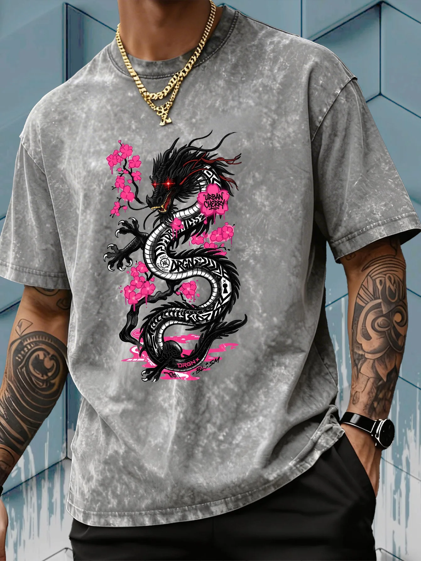 Acid Wash Vintage Graphic T Shirt - 남성용 블랙 체리 블라썸 드래곤 프린트