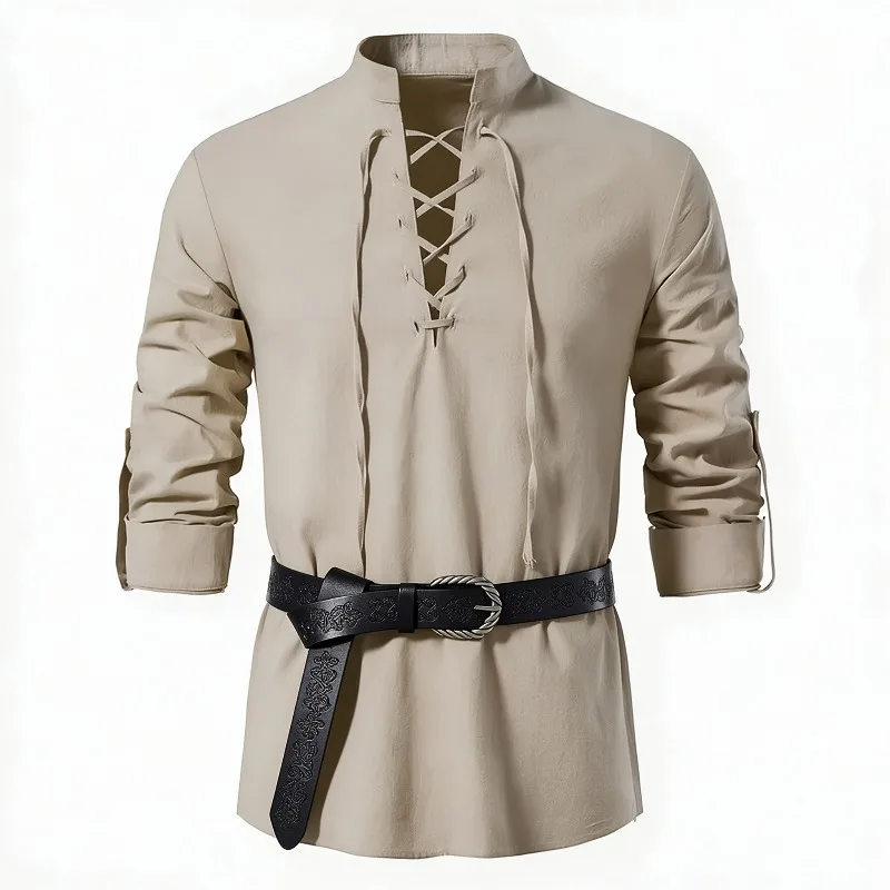 남성용 중세 바이킹 스타일 셔츠, 스탠드 칼라, 끈으로 - Medieval Gothic Lace Up Pirate Shirt 리뷰 및 가격