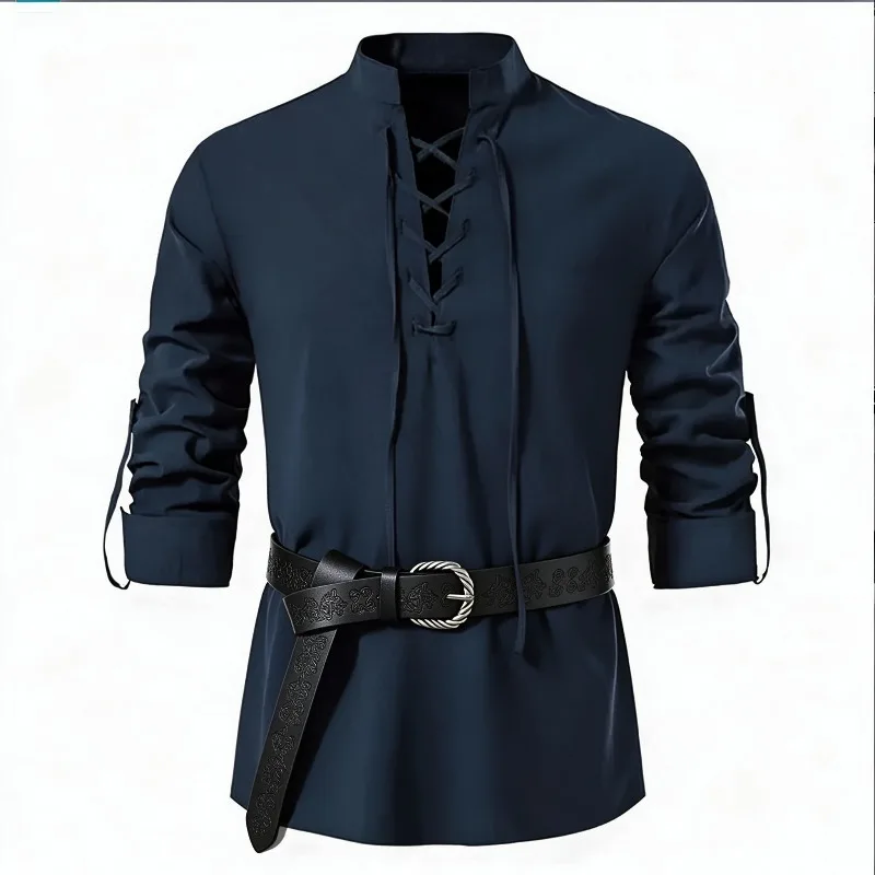 남성용 중세 바이킹 스타일 셔츠, 스탠드 칼라, 끈으로 - Medieval Gothic Lace Up Pirate Shirt 리뷰 및 가격