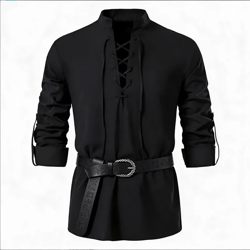 남성용 중세 바이킹 스타일 셔츠, 스탠드 칼라, 끈으로 - Medieval Gothic Lace Up Pirate Shirt 리뷰 및 가격