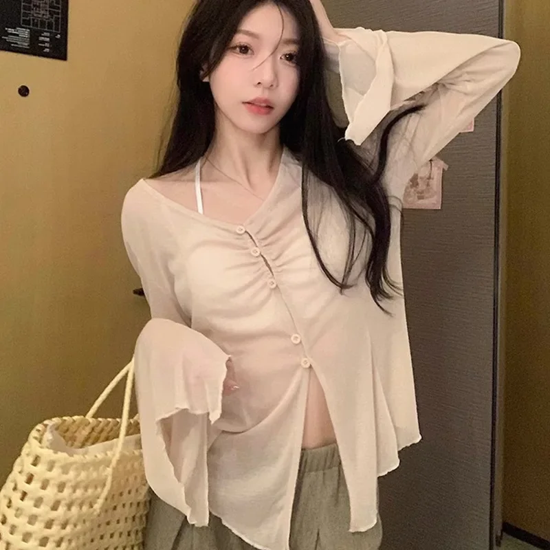 쉬어 플레어 슬리브 블라우스 - Y2K 페어리 스윗 하 - Shirts 리뷰 및 가격