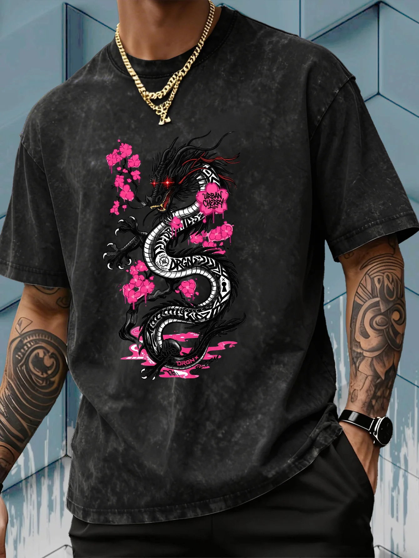 남성용 블랙 체리 블라썸 드래곤 프린트 티셔츠, 빈티지 - Acid Wash Vintage Graphic T Shirt 리뷰 및 가격